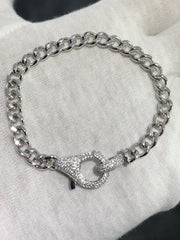 LIV Platinum Sterling Silver Pave White Sapphire Lobster Lock Link Tennis Bracelet
