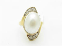 LIV 14k Yellow Gold & Genuine Mabe Pearl Vintage Design Halo Long Band Bridal Ring