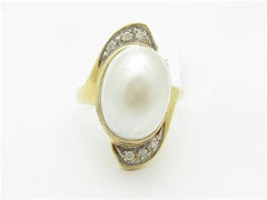 LIV 14k Yellow Gold & Genuine Mabe Pearl Vintage Design Halo Long Band Bridal Ring