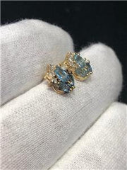 LIV 14k Yellow Gold Diamonds & Blue Topaz Halo Stud Cluster Earring 1.8 Gr .20ct Dia