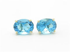 LIV 14k Yellow Gold & Genuine Blue Topaz Oval Design Hand Made Stud Earrings Gift