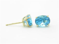 LIV 14k Yellow Gold & Genuine Blue Topaz Oval Design Hand Made Stud Earrings Gift