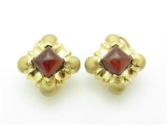 LIV 14kt Yellow Gold Unique Cushion Cut Red Garnet Cabochon French Back Stud Earring