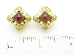 LIV 14kt Yellow Gold Unique Cushion Cut Red Garnet Cabochon French Back Stud Earring