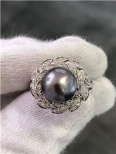 LIV 14k White Gold Genuine Diamonds Black Tahitian Pearl Pave Halo Cocktail Ring