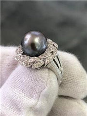 LIV 14k White Gold Genuine Diamonds Black Tahitian Pearl Pave Halo Cocktail Ring