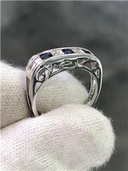 LIV 14k White Gold Genuine Diamonds Blue Sapphire Band Design Princess Cut Ring