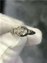 LIV 14k White Gold & Diamond Vintage Design Hand Made Round Cut Band Ring 1.6 Grams