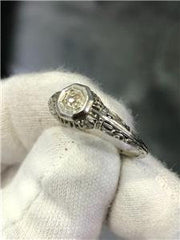 LIV 14k White Gold & Diamond Vintage Design Hand Made Round Cut Band Ring 1.6 Grams