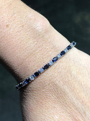 LIV Platinum Sterling Silver Blue & White Sapphire Oval Cut Halo Tennis Bracelet 7" Length Gift
