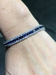 LIV Platinum Over Sterling Silver Princess Cut Blue & White Sapphire Halo Design Tennis Bracelet Bridal Gift