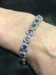 LIV Platinum Over Sterling Silver Round Cut Rainbow Sapphire Halo Design Tennis Bracelet Bridal Gift