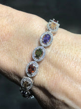 LIV Platinum Over Sterling Silver Oval Cut Rainbow Sapphire Halo Design Tennis Bracelet Bridal Gift