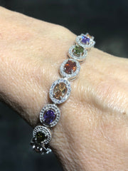 LIV Platinum Over Sterling Silver Oval Cut Rainbow Sapphire Halo Design Tennis Bracelet Bridal Gift