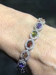 LIV Platinum Over Sterling Silver Oval Cut Rainbow Sapphire Halo Design Tennis Bracelet Bridal Gift