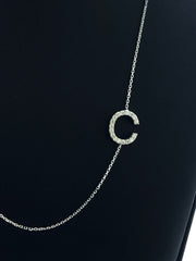 LIV 14k White Gold & Natural Diamonds Initial C Sideway Design Necklace 16"-18" L