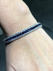 LIV Platinum Over Sterling Silver Princess Cut Blue & White Sapphire Halo Design Tennis Bracelet Bridal Gift