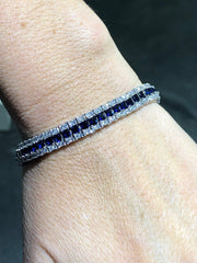 LIV Platinum Over Sterling Silver Princess Cut Blue & White Sapphire Halo Design Tennis Bracelet Bridal Gift