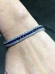 LIV Platinum Over Sterling Silver Princess Cut Blue & White Sapphire Halo Design Tennis Bracelet Bridal Gift