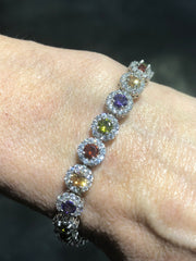LIV Platinum Over Sterling Silver Round Cut Rainbow Sapphire Halo Design Tennis Bracelet Bridal Gift