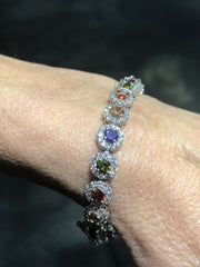 LIV Platinum Over Sterling Silver Round Cut Rainbow Sapphire Halo Design Tennis Bracelet Bridal Gift