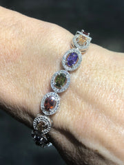 LIV Platinum Over Sterling Silver Oval Cut Rainbow Sapphire Halo Design Tennis Bracelet Bridal Gift