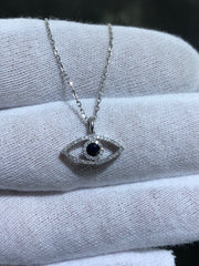 LIV 14k White Gold Blue Sapphire & Natural Diamonds G/VS1 Custom Made Evil Eye Halo Necklace 16" Length