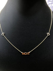 LIV 14K Yellow Gold Hand Made Natural Diamonds Mom & Heart Design Personalized Necklace Any Word or Phrase Available 16" Length