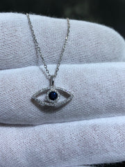 LIV 14k White Gold Blue Sapphire & Natural Diamonds G/VS1 Custom Made Evil Eye Halo Necklace 16" Length