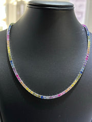 LIV Platinum Sterling Silver Prong Set Rainbow Sapphire Classic Layered Tennis Necklace 16" Length