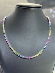 LIV Platinum Sterling Silver Prong Set Rainbow Sapphire Classic Layered Tennis Necklace 16" Length