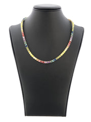 LIV 18k Yellow Gold Sterling Silver Prong Set 4mm Wide Rainbow Sapphire Classic Layered Tennis Necklace 16" Length