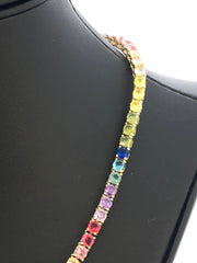 LIV 18k Yellow Gold Sterling Silver Prong Set 4mm Wide Rainbow Sapphire Classic Layered Tennis Necklace 16" Length