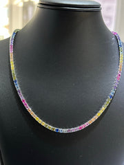 LIV Platinum Sterling Silver Prong Set Rainbow Sapphire Classic Layered Tennis Necklace 16" Length