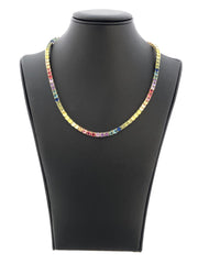 LIV 18k Yellow Gold Sterling Silver Prong Set 4mm Wide Rainbow Sapphire Classic Layered Tennis Necklace 16" Length