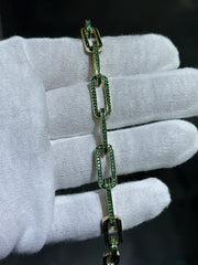 LIV 18k Yellow Gold Sterling Silver Round Cut Green Sapphire Hand Made Pave Set Paper Link Tennis Bracelet 7"