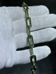 LIV 18k Yellow Gold Sterling Silver Round Cut Green Sapphire Hand Made Pave Set Paper Link Tennis Bracelet 7"