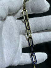 LIV 18k Yellow Gold Sterling Silver Round Cut Blue Sapphire Hand Made Pave Set Paper Link Tennis Bracelet 7"