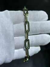 LIV 18k Yellow Gold Sterling Silver Round Cut Green Sapphire Hand Made Pave Set Paper Link Tennis Bracelet 7"