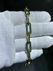 LIV 18k Yellow Gold Sterling Silver Round Cut Green Sapphire Hand Made Pave Set Paper Link Tennis Bracelet 7"