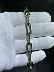 LIV 18k Yellow Gold Sterling Silver Round Cut Green Sapphire Hand Made Pave Set Paper Link Tennis Bracelet 7"