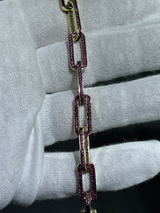 LIV 18k Yellow Gold Sterling Silver Round Cut Pink Sapphire Hand Made Pave Set Paper Link Tennis Bracelet 7"