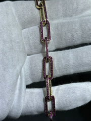 LIV 18k Yellow Gold Sterling Silver Round Cut Pink Sapphire Hand Made Pave Set Paper Link Tennis Bracelet 7"