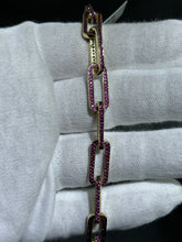 LIV 18k Yellow Gold Sterling Silver Round Cut Pink Sapphire Hand Made Pave Set Paper Link Tennis Bracelet 7"