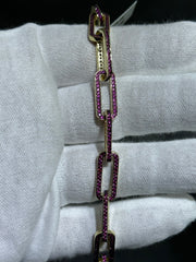 LIV 18k Yellow Gold Sterling Silver Round Cut Pink Sapphire Hand Made Pave Set Paper Link Tennis Bracelet 7"