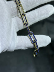 LIV 18k Yellow Gold Sterling Silver Round Cut Blue Sapphire Hand Made Pave Set Paper Link Tennis Bracelet 7"