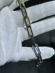 LIV 18k Yellow Gold Sterling Silver Round Cut Blue Sapphire Hand Made Pave Set Paper Link Tennis Bracelet 7"