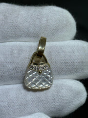 LIV 14k Yellow Gold & Natural White Diamonds Mother of Pearl Custom Made Purse Pocket Book Charm Pendant
