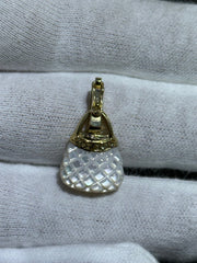 LIV 14k Yellow Gold & Natural White Diamonds Mother of Pearl Custom Made Purse Pocket Book Charm Pendant