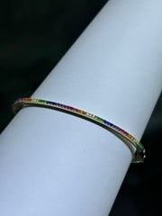 LIV 18k Yellow Gold Sterling Silver Rainbow Sapphire Thin Bangle Tennis Design Bracelet Gift 7" Length